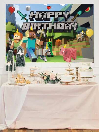 Minecraft 100*150厘米/80*120厘米/150*210厘米摄影背景布：游戏主题生日派对拍照背景。像素背景矿工生日标志、村民、游戏主题生日派对装饰。电子游戏主题装饰横幅。游戏粉丝背景图片。