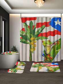 1pc Puerto Rico Tropical Frog & Banana Polyester Shower Curtain, 72x72 Inches, Waterproof Knitted Fabric, Machine Washable, Patriotic Floral Pattern, Comes With Hooks - Multicolor - View 5
