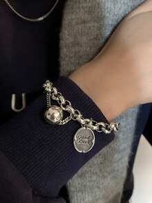 1 pieza Collar con colgante de disco redondo grabado con "Buena Suerte" y cadena pulsera para mujeres - Plateado - Ver 3