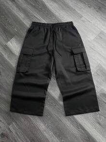男士黑色工装七分裤，多口袋阔腿街头风下装 - 黑色 - 查看 4