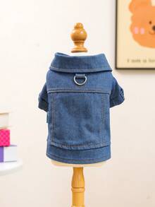 1件宠物衣服，小型犬/幼犬套装，休闲可爱纯色外套 - 藏青色 - 藍色 - 查看 6