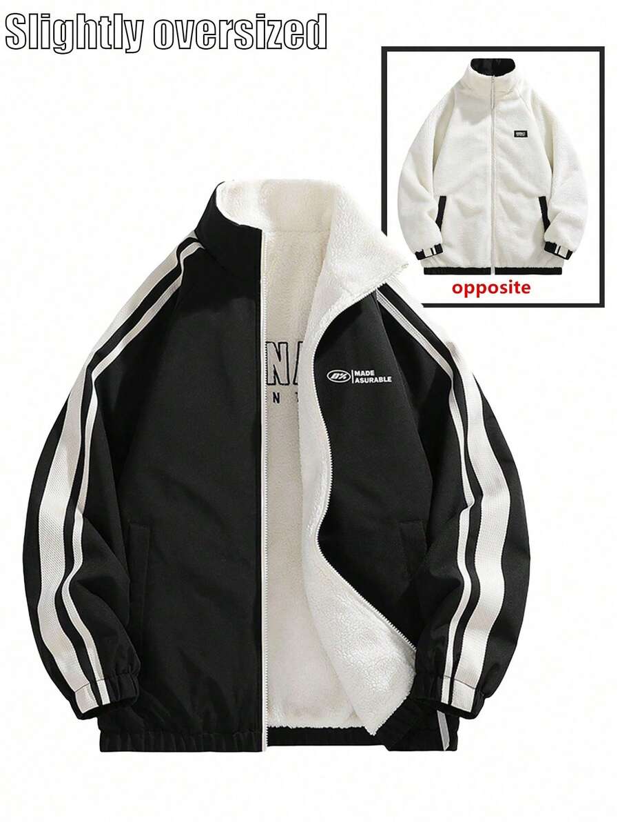 男士长袖双面立领加厚抓绒外套，时尚休闲风衣，适合秋冬季穿着 - 黑色 - 查看 1