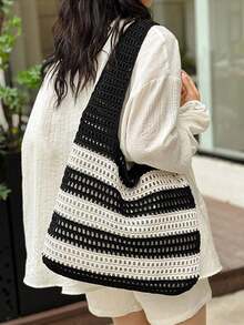 Yogodlns 2024 Nouveau grand sac fourre-tout décoratif rayé fait main, style vacances d'été sac en paille tressé à la main, sac à main tressé fait main pour femmes - Noir et Blanc - Voir 5