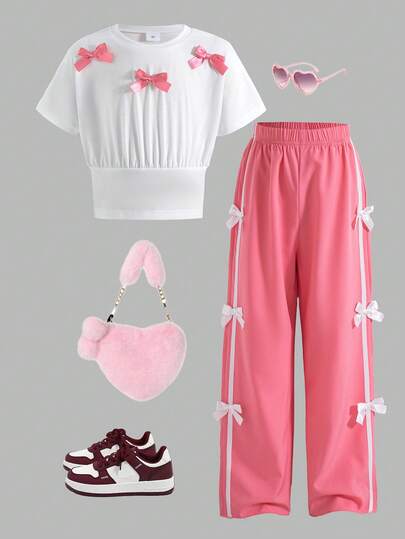 2pcs/Set Girls Casual Solid Color Bow Decor Waist Top And Bow Decor Pants Set, Spring/Summer