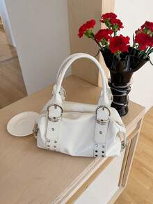 High-Quality Large Capacity Ins Commuter Bag, Versatile Biker Bag With Rivets, Women Handbag Shoulder Bag - White - View 1