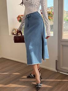 EARO Chic Women's Denim Maxi Dress, Fitted With Slit And Frayed Hem, Elegant Casual Versatile For Summer - Baby Blue - View 3