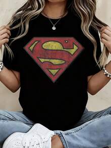 Warner Bros Superman Logo T Shirt Women White Casual Graphic Tee Top Vintage Superman Symbol Shirt Unisex Streetwear Fashion Tees - màu đen - Xem 1