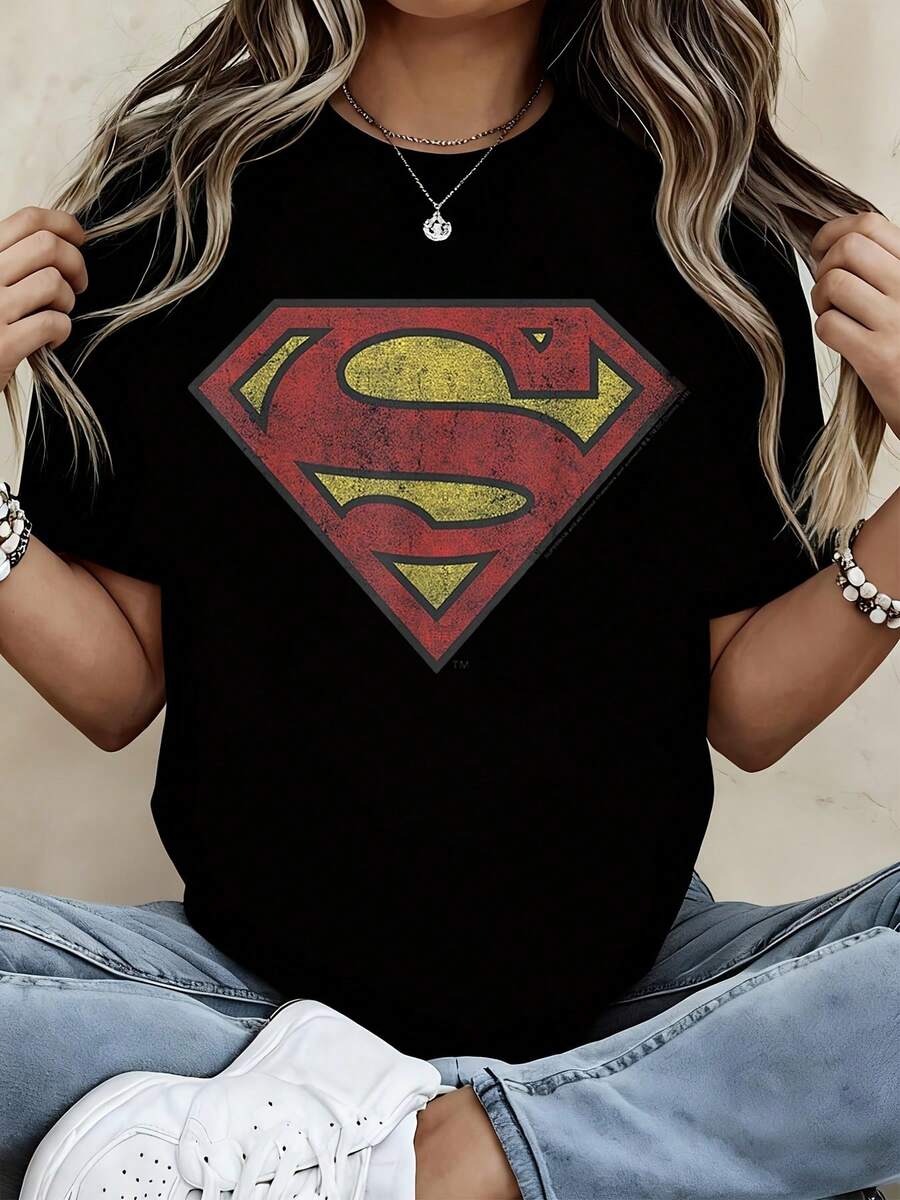 Warner Bros Superman Logo T Shirt Women White Casual Graphic Tee Top Vintage Superman Symbol Shirt Unisex Streetwear Fashion Tees - màu đen - Xem 1