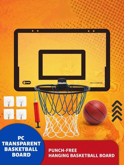 悬挂式篮球架套装，配有透明塑料底座、迷你篮球和气泵。可轻松折叠收纳，方便携带。适合室内/室外使用。
