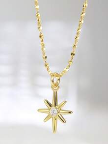 1pc S925 Silver Plated Gold Six-Pointed Star Diamond Pendant Necklace, With 3D Six-Pointed Star As The Main Body, Paired With Center White Diamond + Delicate Gold Chain, Simple Yet Sparkling Design With Atmospheric Feel, Suitable For Daily Wear - Gold - View 2
