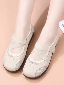 女士玛丽珍鞋，一脚蹬平底鞋，舒适时尚，针织面料，可水洗，休闲护士鞋，带足弓支撑 - 米色 - 查看 1