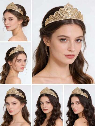 1pc Hollow Metal Ottoman Turkish Pattern Gold-Plated Crown, Suitable For Middle Eastern Moroccan Party, Outing, Wedding, Festival Wear For Women