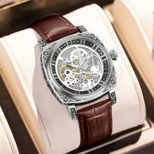 GUANQIN 1枚男士黑色锌合金商务风格夜光雕刻自动陀飞轮镂空机械表，适合万圣节、圣诞节、父亲节、返校季、学生、节日、情人节、约会、商务、日常佩戴、礼品等场合。 - 鏽棕色 - 查看 9