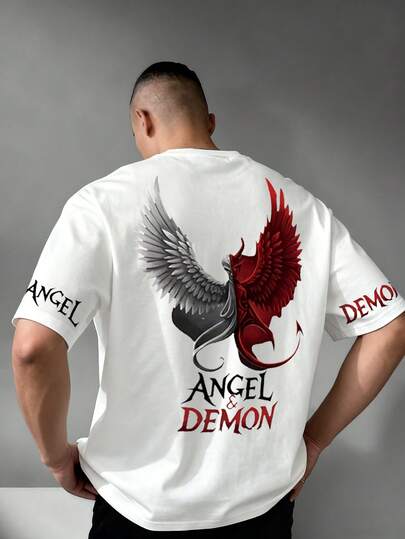 Camiseta de manga corta con cuello redondo con estampado de ángel y diablo, versátil y de moda para hombre, de verano