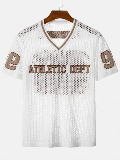 镂空V领宽松休闲时尚拼接字母撞色短袖套头针织毛衣