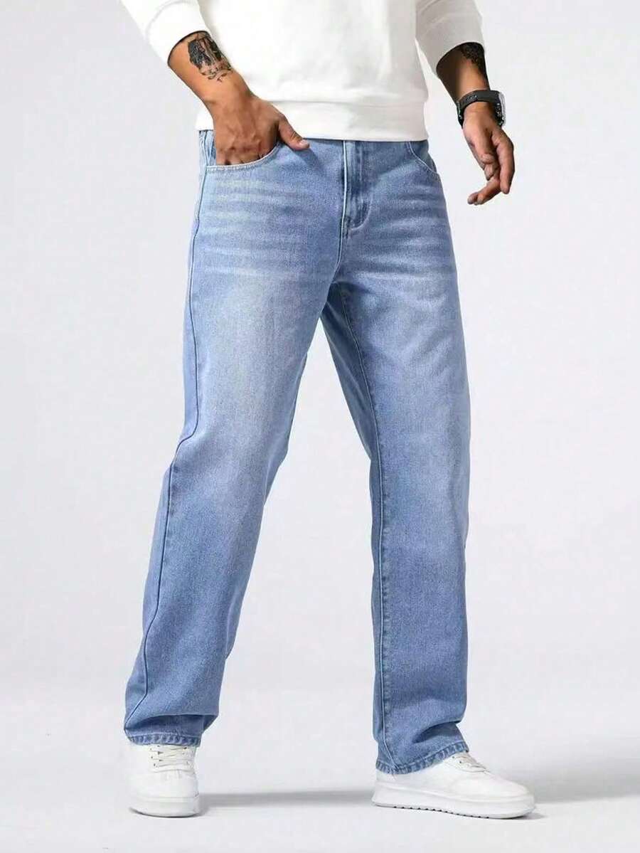 Men's Light Blue Casual Fashion Loose Jeans Classic All-Match Men's Pants - Rửa nhẹ - Xem 1