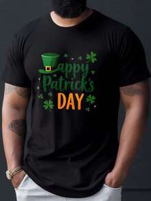Happy St. Patrick'S Day Graphic Tee - Unisex'S Casual Crew Neck Short Sleeve T-Shirt With Green Leprechaun Hat & Clover Design, Perfect For Summer Celebrations, Casual Summer Wear | Playful Print | Comfortable Fit, St Patricks Day T Shirts, Plus Size - Black - View 3