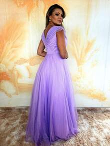 Grife Velasco Elegant Long Wedding/Party Dress With Ruffles, Glitter, And Short Sleeves, For Bridesmaids And Graduation. - Lilac - View 4
