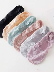 5双装女士心形蕾丝隐形防滑硅胶透气超薄设计舒适休闲船袜 - 彩色 - 查看 3