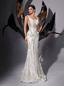 Sparkling Sequin Sleeveless Mermaid Evening Gown Party - White - View 5