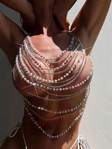 闪亮珍珠多层身体链，适合Y2K派对和夜店风格，闪亮露背胸链饰品 - 銀色 - 查看 1