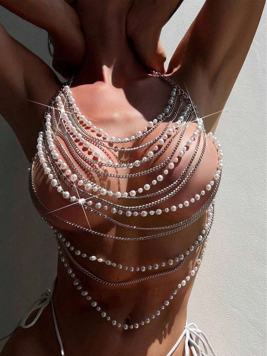 闪亮珍珠多层身体链，适合Y2K派对和夜店风格，闪亮露背胸链饰品 - 銀色 - 查看 1