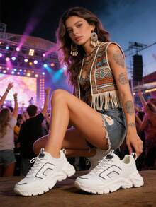 Women's Casual Lace Up Sneakers, White Fashion Shoes With Platform Sole - Perfect Gift - trắng - Xem 3