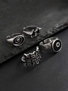4件套黑色设计戒指套装，黑白星空十字图案戒指，可调节开口尺寸，独特配饰，适合青少年及日常佩戴 - 銀色 - 查看 6