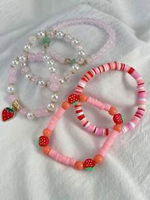 5件套时尚简约可叠戴串珠手链，可爱草莓吊坠，Y2K风格饰品，适合青少年日常佩戴、休闲、度假、返校季等场合。 - 彩色 - 查看 5