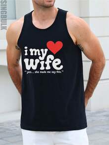 Men's I Love My Wife Print  Sleeveless Shirt - Funny Valentine's Gift For Husband, Summer Beachwear With "I Love My Wife" Back Print, Loose Fit Casual Tank Top For Outdoor & Everyday (Crew Neck) Men's Tank Top – Lightweight Gym Clothes For Men, Breathable & Versatile Summer Essential For Workout, Street & Beach. - 黑色 - 查看 1