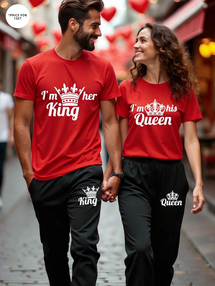 2-delars set med herrtröja och mjukisbyxor i casual streetstyle (pardesign, t-shirt med hjärtformad krona och mjukisbyxor), vår/sommar - Multifärgad - Visa 11