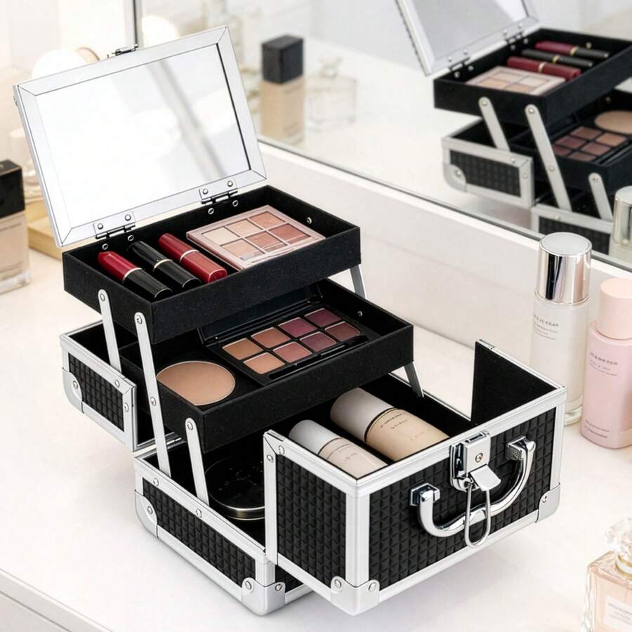 Lockable Makeup Box With Mirror, Portable Vanity Cosmetic Organiser With 2 Trays, Travel Make Up Case For Cosmetics, Jewellery & Accessories - Black - View 1