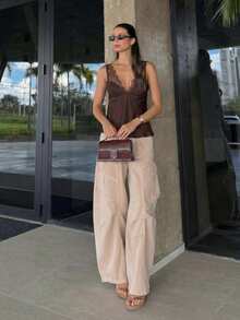 HH 2026 New Elegant Contrast Lace Camisole Tank Top, Sexy Sleeveless Vintage Blouse, Fashionable Slimming Street Style Clothing For Women Casual - Màu nâu  Mocha - Xem 5