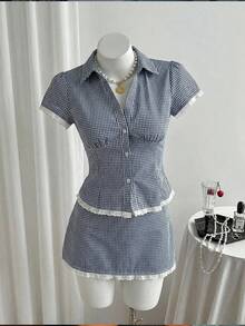 Women's Casual Chic Spring/Summer New Sweet & Spicy Blue & White Plaid Set, Short Sleeve Cinched Waist Shirt + Bodycon Mini Skirt, Lace Trim Design, Youthful Girly Summer Outfit, Fitted 2-Piece Set, Collegiate Style - Multicolor - View 7