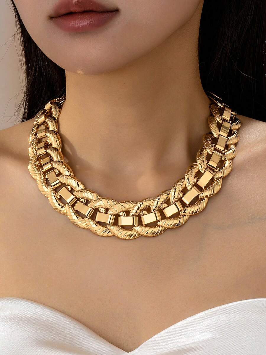 1pc Women's Chunky Chain Necklace, Exaggerated Punk Metal Style Short Choker Necklace, Suitable For Daily Wear - Yellow Gold - View 1