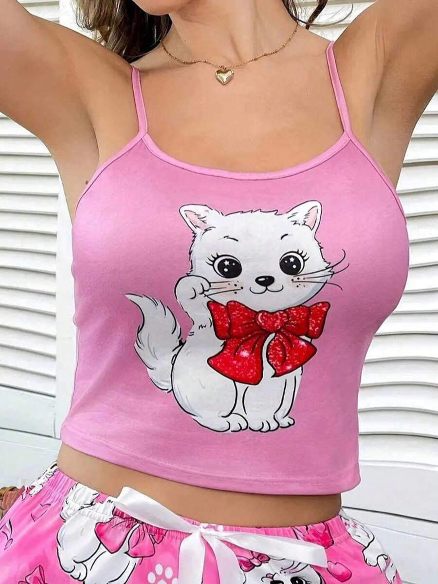 Pijama superior cómodo con estampado de gato lindo para mujer - Rosa - Ver 1