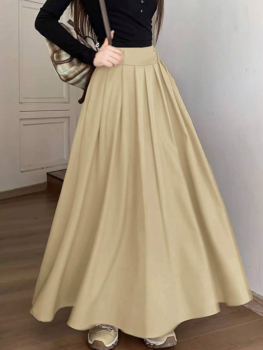 米黄色百褶长裙，适合通勤/约会/休闲穿着，飘逸挺括，A字廓形，带口袋，百搭日常穿搭 - 奶油黃 - 查看 1