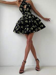 Women's Lemon Print Sexy Cute Elegant Criss-Cross Backless Mini Dress, Suitable For Daily Wear, Dating, Commuting, Holidays, Parties, Street Photography And Various Occasions - Black - View 5