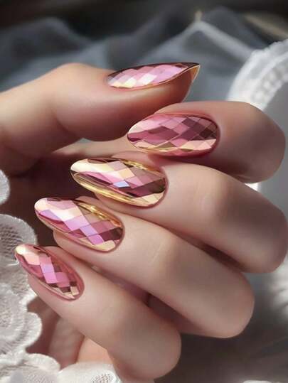 24pcs 3D Rhombus Electroplated Super Shiny Diamond False Nails, Nail Art Supplies, Gothic Style Nails, Almond Shape Nails, Pink Nails