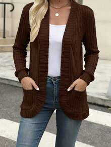 Fashionable Casual Ribbed Knit Cardigan Sweater - Coffee Brown - View 6