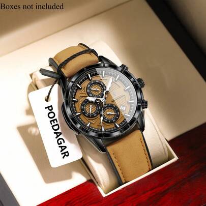 POEDAGAR New Sports And Leisure Three Eye Six Needle PU Leather Strap Quartz Watch