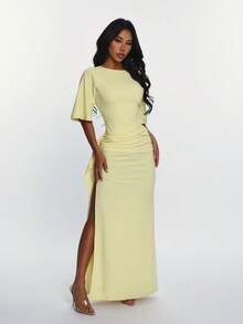 Vestido largo ajustado de manga corta con cuello redondo y cintura fruncida, vestido formal elegante y delgado para fiesta de boda en primavera - Amarillo - Ver 6