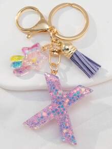 星形英文字母树脂钥匙扣，饰有彩色流星紫色流苏，适用于包包链、手机挂链、钥匙扣，也是送给朋友和母亲的礼物。 - 紫丁香色 - 查看 22