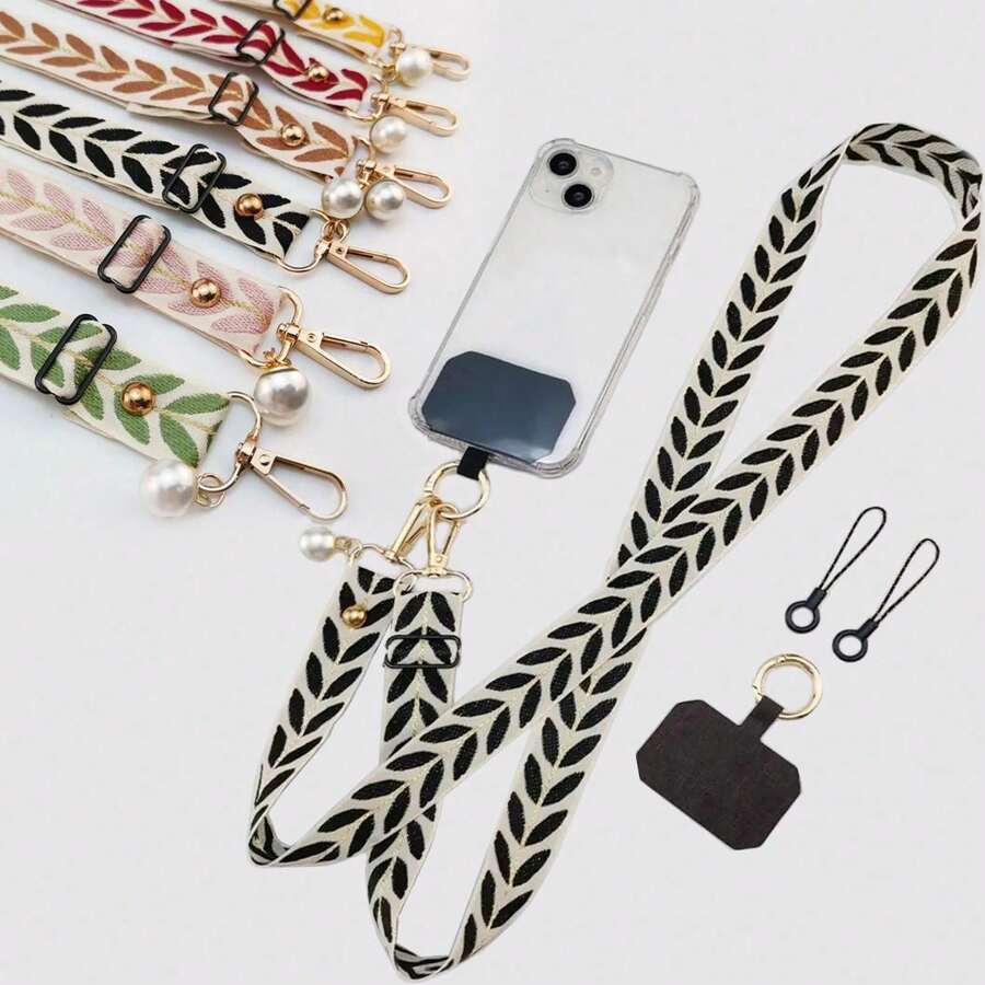 1pc Woven Polyester Teacher Lanyards With Leaf Print, Pearl Accents & Phone Tether Kit, Boho-Chic & Functional Style Neck Straps, Ideal For Holding IDs, Phones & Keys, Perfect For Classrooms, School Events & Daily Commutes. - 黑色 - 查看 1