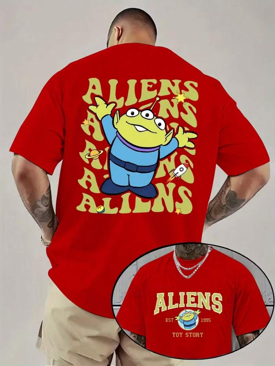 1 Piece, Disney Men's T-Shirt, Toy Story Alien Printed T-Shirt With Different Cartoon Designs Before And After Printing, Round Neck Casual And Comfortable T-Shirt, Breathable And Light, Suitable For Sports And Leisure Wear, Loose T-Shirt, Suitable For Gifts, Suitable For Travel And Party Wear. - Red - View 1