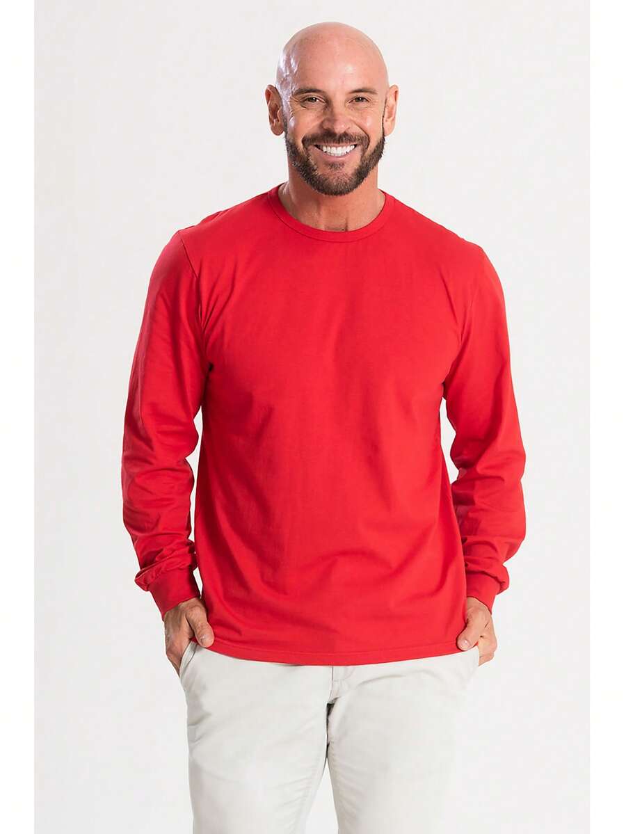 Men's Long-Sleeve T-Shirt, 100% Cotton, Basic, Comfortable, Soft Touch, Breathable, Casual, Lightweight. - 紅色 - 查看 1