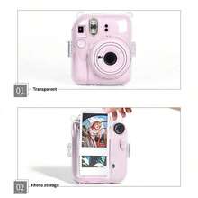 Transparent Film Crystal Camera Case Shoulder Bag With Strap & Cute Stickers For Mini 12 Camera, Travel Friendly