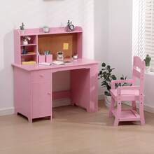 Kids Study Desk And Chair Set With Storage Cabinet, Wooden Children's Study Table, Student Writing Desk And Computer Workstation For Boys And Girls Ages 3-8 - 粉色 - 查看 4