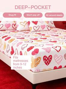 Bộ ga trải giường in họa tiết Ngày Valentine 2/3 món, phù hợp với nệm dày từ 9" đến 12", bao gồm ga trải giường và vỏ chăn, phù hợp với mọi kích cỡ giường, họa tiết trái tim tạo thêm không khí lãng mạn, có thể giặt máy, đạt chứng nhận Oeko-Tex. - Nhiều màu - Xem 4