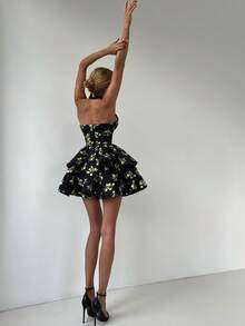 Women's Lemon Print Sexy Cute Elegant Criss-Cross Backless Mini Dress, Suitable For Daily Wear, Dating, Commuting, Holidays, Parties, Street Photography And Various Occasions - Black - View 3